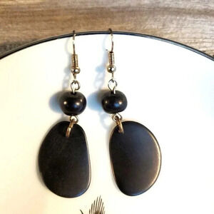Handcrafted Black Peruvian Tagua Nut Slices Round Beads Teardrop Earrings